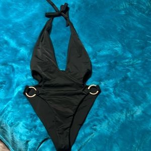 High waisted, open back, low cut little black one piece swimsuit